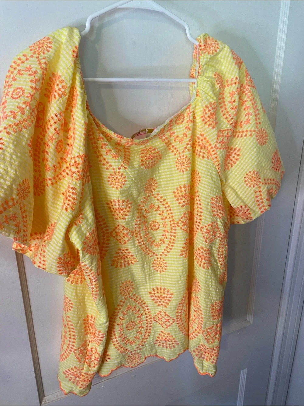 Lilly Pulitzer Yellow and Orange Printed Puff-Sleeve Blouse